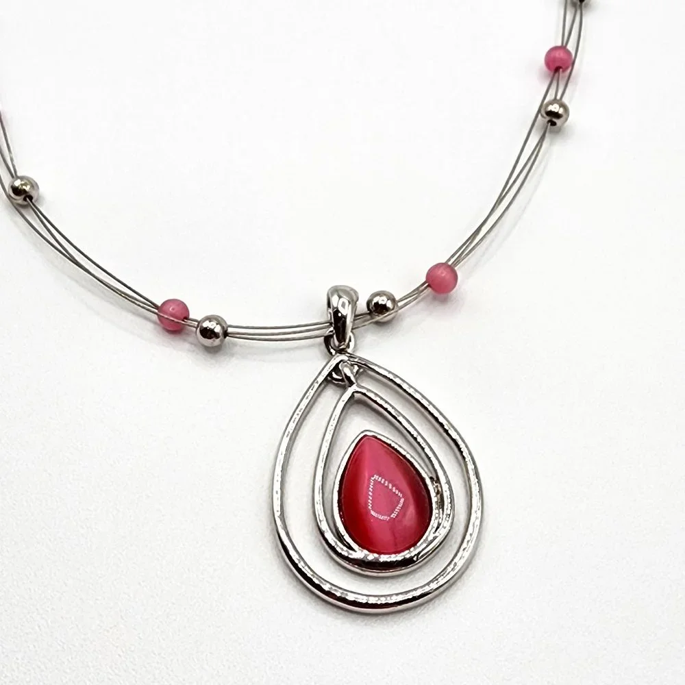LIA SOPHIA COTTON CANDY Silver Pink Teardrop Floating Bead Signed Necklace
